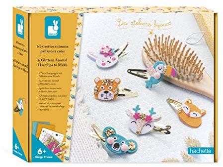 Janod - Bastelset für 6 Haarspangen - Glitzernde Tiere - Les Ateliers Bijoux - Kreatives Hobby Kinder - Feinmotorik und Kreativität - Ab 6 Jahre - J07997