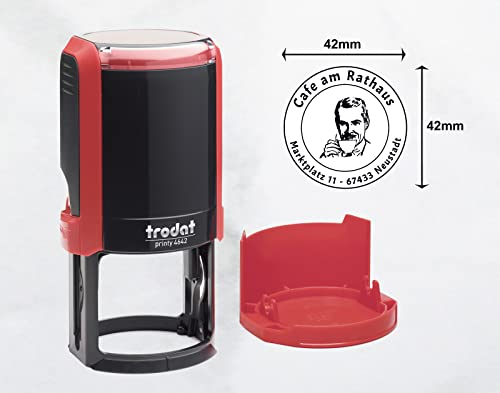 Trodat Stempel Personalisiert Rund mit Text und Logo – Printy 4642 zum Wunschtext Eingeben, Grafik Hochladen und direkt hier Bestellen, Durchmesser 42 mm, Gehäusefarbe Feuerrot