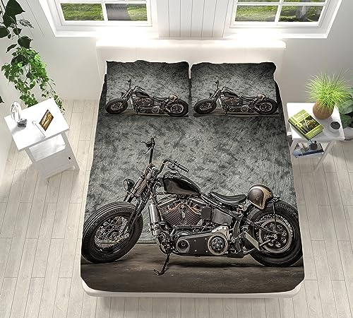 Graues Motorrad-Thema Spannbettlaken 140x200 cm Weiche Mikrofaser Boxspringbett Bettlaken, Dekorativer Stoff Spannbetttuch, Rund-um Elastischem Gummizug, für Matratzen von 5-30 cm