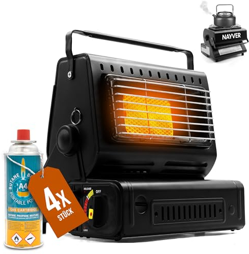 Campingheizung 1300 Watt, 2 in1 - Gasheizung & Campingkocher/Gaskartusche, Zeltheizung, Heizstrahler mit MSF-1a Winterkartuschen (Gasheizung + 4 Gaskartuschen (Butan/Propan))