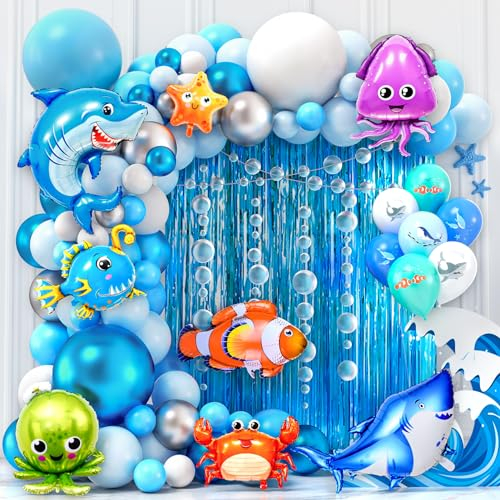125PCS Océano Decoracion Cumpleaños con Guirnalda Globos Arco para Globos Azul Globos de Látex Animales Océano Cortinas Decoración Cumpleaños Fiesta Party Decoración para Baby Shower Niños Niñas