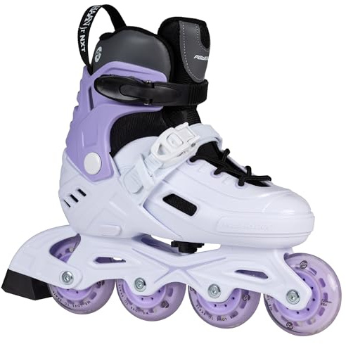 Powerslide Kinder Inline Skate Khaan Junior NXT White, Gr. 27 bis 42 weiß/lila- Inliner für Kinder/Jugendliche in versch. Größen - Inlineskates bis zu 4 Größen verstellbar