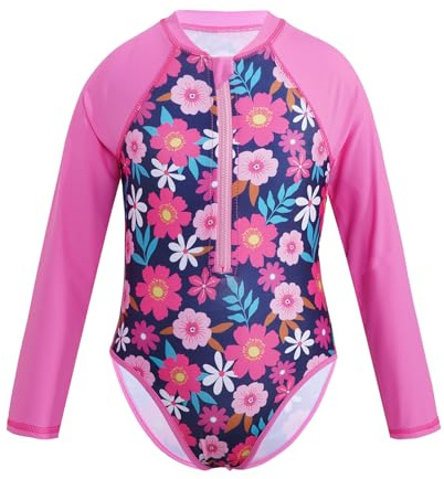 RUNQHUI - Bañador para niña, antirrayos UV, de manga larga, rashguard, combinación de surf, natación, secado rápido, 3-16 años, Tipo A Rosa Rojo, 13-14 Años