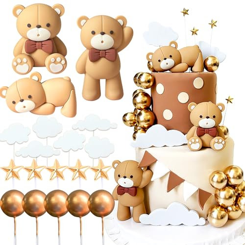JeVenis Braun Teddybär Tortendeko Braun Tortendeko Teddybär Kuchen Dekoration Tortendeko Taufe Junge Tortendeko Mädchen 1 Jahr für Hochzeit Babyshower Geburtstag Party