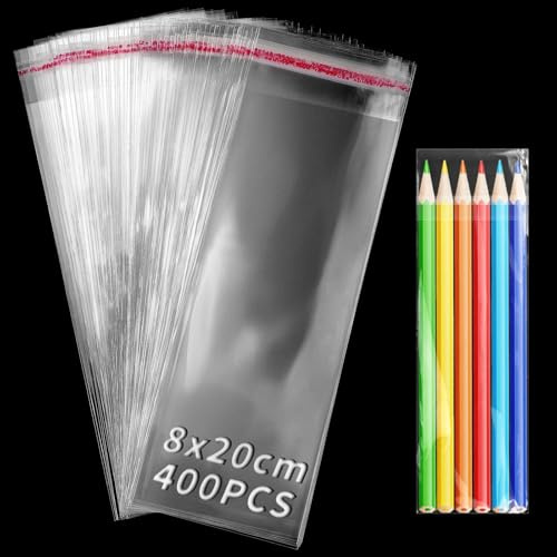 TXXATX 400 Piezas Bolsas Celofan Transparente 8x20 cm Bolsas Celofan Autoadhesivas Bolsas de Plástico Largas Bolsas de Celofán Reutilizables OPP Bolsa Celofan para Velas Joyas Chuches Dulces