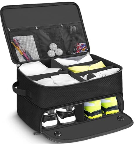 2 Layer Golf Trunk Organizer, Car Golf Locker with Separate Ventilated Compartment for 2 Pair Shoes, Golf Trunk Storage for Balls, Tees, Clothes, Gloves, Accessories, Golf Gifts for Men