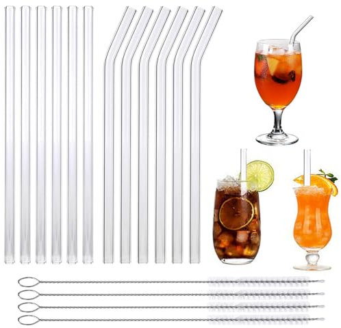 Paille en Verre 16 Pcs de Pailles Réutilisable (6 Droites + 6 Courbées) 21.5cm avec 2 Brosses de Nettoyage Paille Reutilisable Verre Transparente pour Bubble Tea Cocktails Café Smoothies Jus