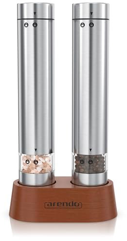 Arendo - Salz und Pfeffermühle elektrisch - Gewürzmühlen Set – Edelstahl - Glasbehälter mit Holzständer – für Gewürze, Pfeffer, Salz, getrocknete Kräuter – Spice Grinder - silber
