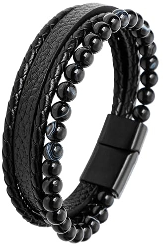 Mochity Läderarmband för män, pärlarmband, svart blå bruna armband för män, med presentförpackning, 21CM, Läder, rostfritt stål, läder