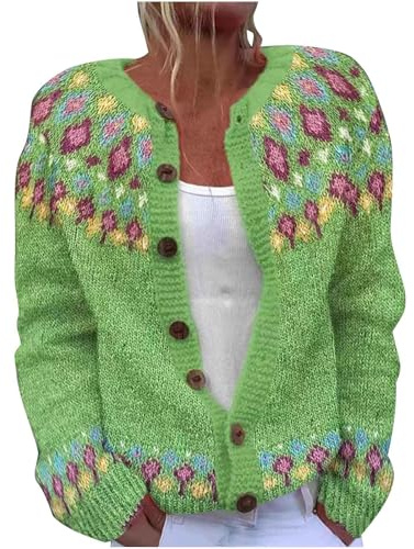 TURWXGSO Cardigans for Women UK Retro Ethnic Print Jumper Warm Casual Ladies Knitted Crew Neck Front Button Up Aran Cardigan Long Sleeve Lightweight Sweater Jackets Knitwear