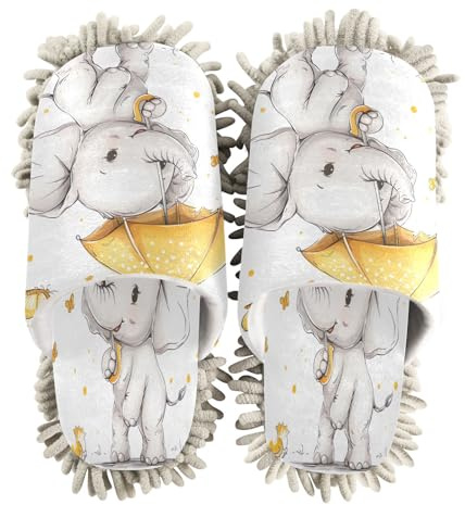 YETTASBIN Cute Elephant Microfiber Mop Slippers for Women & Men - Super Absorbent Chenille Cleaning Slippers Washable Reusable Dust Hair Cleaner for Home Kitchen Floor Cleaning, Size L(9-12)
