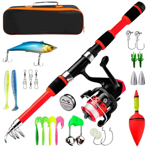 Set da pesca per bambini, 1,8 m, set di canne da pesca per bambini, set di base telescopico, canna da pesca con mulinello ed esca, accessori da pesca per bambini dai 3 ai 10 anni (rosso)