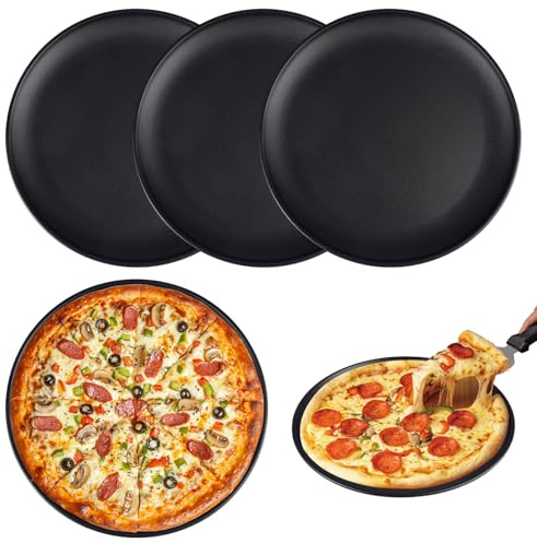 4 Stück Rund Pizzaform, 26cm Edelstahl Rund Pizzaform mit Antihaftbeschichtung, Pizzablech Set, Ungiftig & Gesund, Langlebig & Leicht zu Reinigen, Spülmaschinenfest, für Pizza Fleisch und Snacks