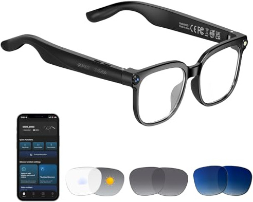 Tulbeys AI Smart Glasses Cámara - HD 1080P vídeo, Foto, traducción de Voz con Lentes solares/Anti-luz Azul Intercambiables para Exteriores, Ciclismo, Senderismo, Viajes