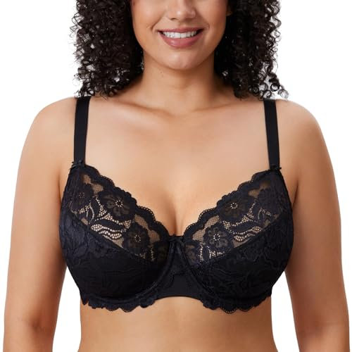 DELIMIRA Women's Full Coverage Non-Foam Floral Lace Plus Size Underwired Bra Black 36DD
