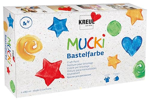 KREUL 24160 - Mucki Bastelfarbe, 6 x 80 ml in Weiß, Gelb, Rot, Blau, Grün und Schwarz, Kindermalfarbe auf Wasserbasis, parabenfrei, glutenfrei, laktosefrei, vegan, auswaschbar