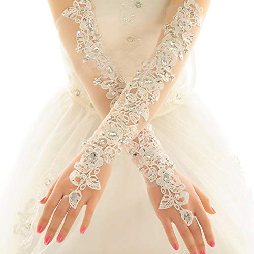 MoreChioce Damen Spitze Handschuhe,Hochzeit Braut Handschuhe Strass Armstulpen Frauen Lange Handschuhe Elastisch Lace Hochzeithandschuhe Hochzeit Party Abend Handschuhe,Weiß Diamant