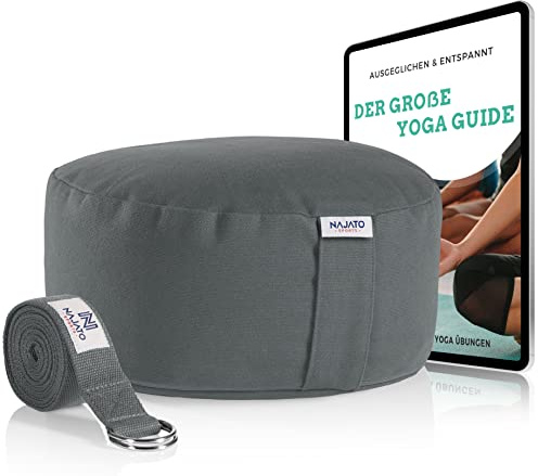 NAJATO Sports Meditationskissen | Yogakissen, Yogagurt & E-Book (PDF Datei) | Rundes Yoga Kissen mit Buchweizenschalen-Füllung | Waschbarer Bezug aus Baumwolle | 30 cm Durchmesser, 14 cm hoch