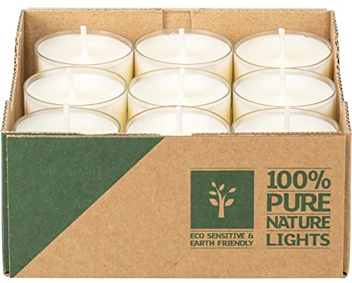 E+N Teelicht-Kerzen Pure Natur 18 Teelichte Brenndauer ca. 7 Stunden, 24 x 38mm, 100% nachhaltiges Raps-Wachs, Hülle aus recyceltem Plastik, CO²-neutraler Abbrand, 100% Made IN Germany