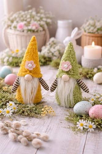 RiloStore 2 STK Frühlingswichtel 14cm WICHTEL 2 Stück Wichtel Frühling Deko Frühlingswichtel Blume Sommerwichtel Figuren Puppe Geschenk Mama Waldwichtel Dekowichtel Zwerge gelb rosa grün