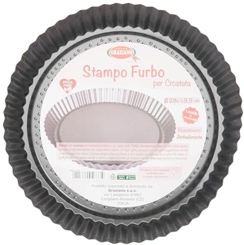 Graziano, Stampo Furbo per Crostata, Realizzato in Acciaio al Carbonio e Dotato di Rivestimento Antiaderente, Ideale per Realizzare Crostate Dolci e Salate, Colore Nero, ø 28 cm