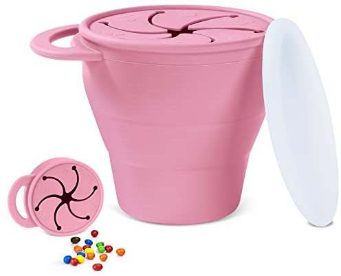 Vicloon Snacksmugg, 350 ml BPA-fri snacksbehållare i silikon, matkopp med handtag, mellanmålsbehållare för mellanmål med kronblad, rosa