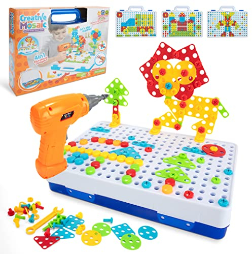 Wisplye Jouet Mosaique Enfant, 237 Pcs Jeu de Construction 3D Puzzle Bricolage Educatif, Créatif Jeux de Société Valise Avec Perceuse Électronique, Cadeau Montessori 3 4 5 Ans pour Fille Garcon