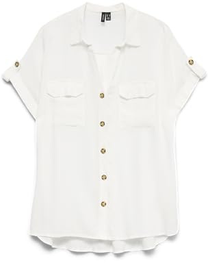 Vero Moda Camisa de Manga Corta a Rayas para Mujer con Bolsillos en el Pecho y Solapa de Botones, Blanco, XL