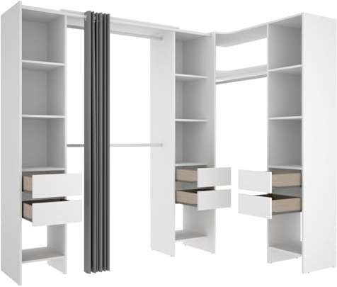 PEGANE Kit Armoire Dressing d'angle Extensible en Bois mélaminé Blanc - Longueur 164-234 x Profondeur 141 x Hauteur 205 cm