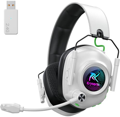 Krysenix KGH2 Wireless Gaming Headset for PS5, PS4, PC, Switch, 2.4GHz Bluetooth Wireless Headphones with Mic, Gaming & Music Dual Mode, ENC, Foldable, Cool LED, 40+ Hrs Battery, White Black