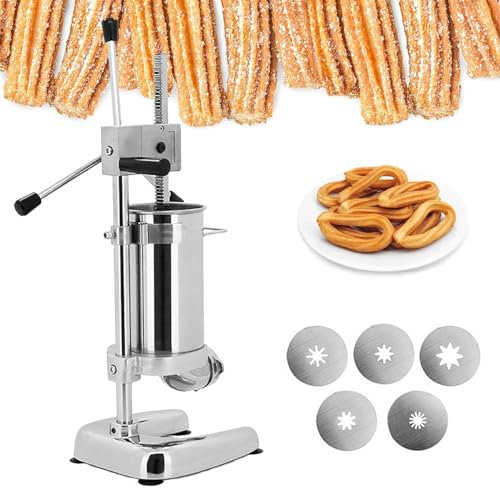 LQQYJSM Macchina Churros Elettrica 2/3l Riempimento Automatico, Macchina Ciambelle alla Frutta Latina Completamente Automatica in Acciaio Inox, 5 Stampi per Churros Commerciale per Ristoranti,3L