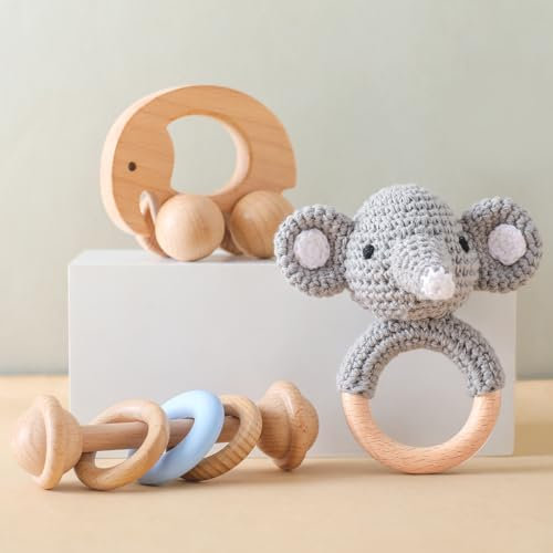 Baby Rassel Set 0 3 6 9 Monate - 3 Stück Baby Rassel Beißring Set mit Gehäkelte Babyrassel und Holzspielzeug, Montessori Spielzeug ab 0-12 Monate Neugeborenen Geschenke (Grauer Elefant)