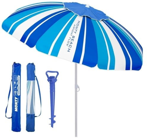 LOLAhome Sombrilla playa 220 cm y soporte arena, protección UV+50, sombrilla antiviento, varillas flexibles fibra vidrio, techo ventilación, mástil inclinable y regulable altura, bolsa transporte
