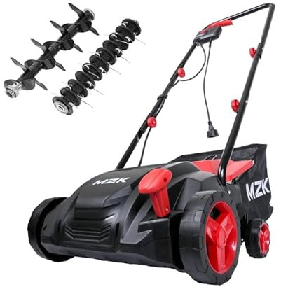 MZK Dégusteur et scarificateur électrique 2 en 1 de 33 cm 12 A avec sac de collecte amovible de 2,5 litres, réglage de la hauteur sur 4 positions, garde la pelouse saine