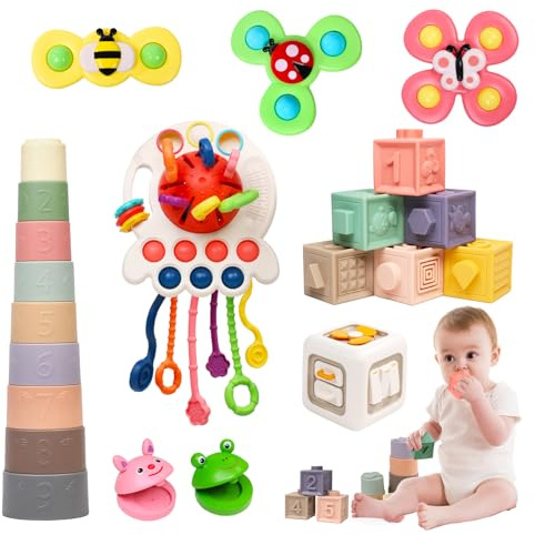 MTTIERY Baby Toys 6-12 Months, 6 in 1 Montessori Toys for Toddlers 1-3, Infant Sensory Pull String Toy, Fidget Spinners Soft Baby Blocks Stacking Cups, Baby Gifts for 1 Year Old