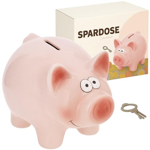 MIJOMA Tirelire cochon avec serrure - Jolie tirelire en céramique dolomite rose clair - Avec clé - 16 x 11,5 x 11 cm - Emballage cadeau d'argent pour enfants et adultes