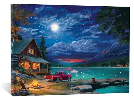 Artiluxy LED Canvas Wall Art, Cabin Lake House Wall Decor with Built-In LED,Battery Operated & Auto Timer, 24×18in Rustic Night Scene