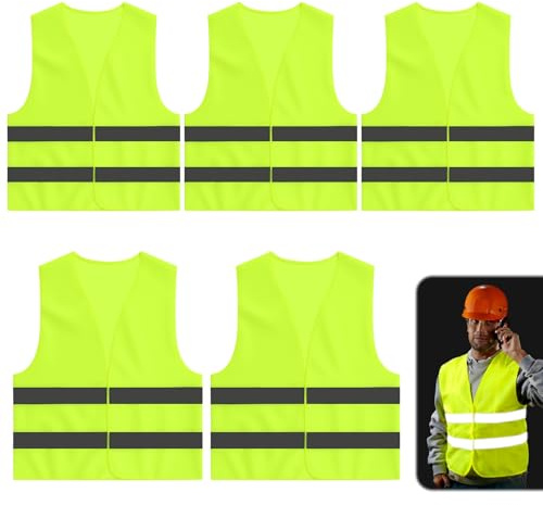 5 Pack High Vis Vests Yellow Hi Vis Vest High Visibility Reflective Safety Vests Fluorescent Hi Vis Jacket for Men Women Traffic Work Night Running Surveyor Security Guard Construction