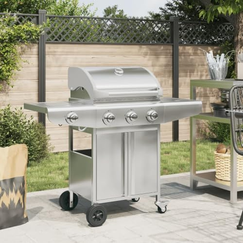 QUAHEAS Barbecue a gas con 4 fuochi argentati, in acciaio inox, grande superficie di cottura, accensione piezoelettrica, regolatore di temperatura, ripiani laterali, mobile con ruote, per giardino e