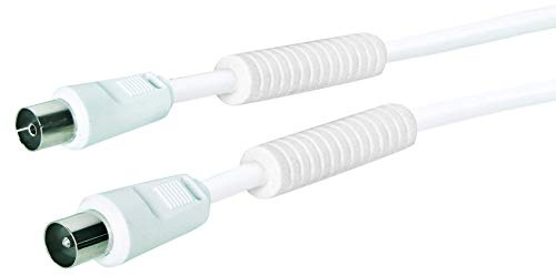 SCHWAIGER Antenna Connection Cable 90 dB with Ferrite Core, 5.0 m, White, IEC Plug > IEC Female, Double Shielding, 75 Ohm, Digital, HDTV, DVB-C/DVB-T2