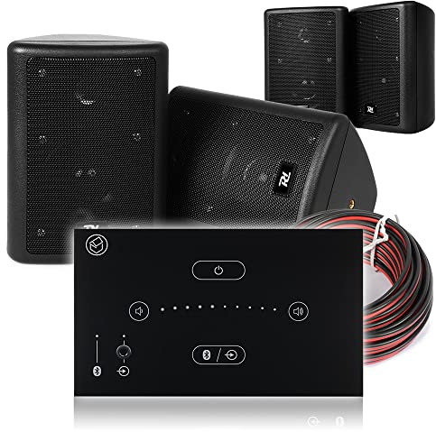 Systemline Skytec 4 Wall Mounted Speakers Bluetooth System E50 In-Wall Amplifier with Gesture Control, 4x Compact 75W Passive Speakers & Cable Kit for Home Bar, Restaurant & Kitchen Music