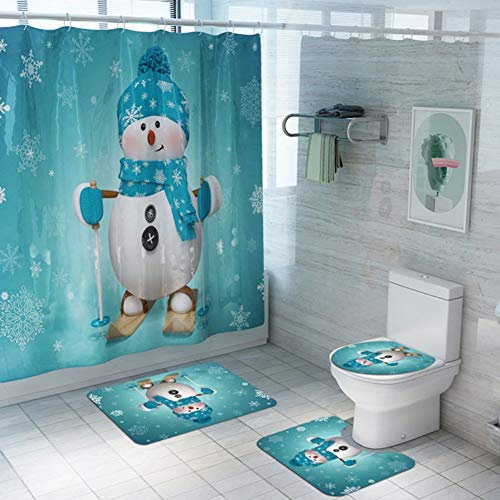 Qlans 4 Stück Weihnachten Badezimme Sets,Duschvorhang,Badematten,Toilettenmatte Sitzbezug, Contour Mat