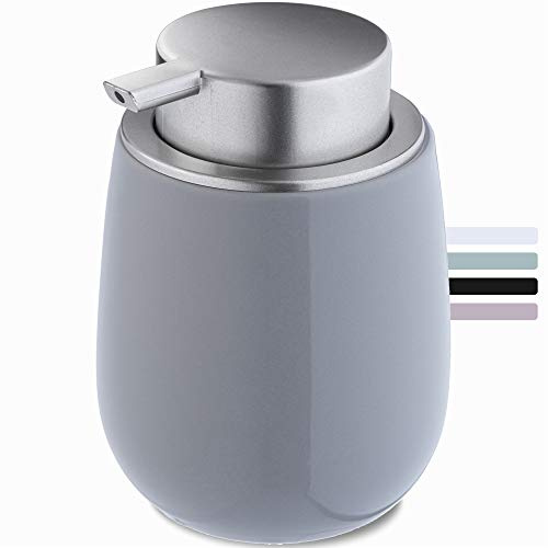 KADAX Seifenspender aus Keramik, Spender mit Pumpe aus Kunststoff, Lotions-Pender für Bad, Küche, 12,5 x 9,5 cm, Flüssigseifen-Spender, Spülmittel-Spender, glänzend, rund (grau)