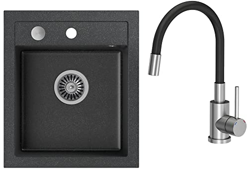 VBChome Spüle Spülbecken Granit 43 x 50 cm Einzelbecken Einbauspüle Küchenspüle gesprenkelt + Siphon Waschbecken + Spültischarmatur Wasserhahn Einhebel
