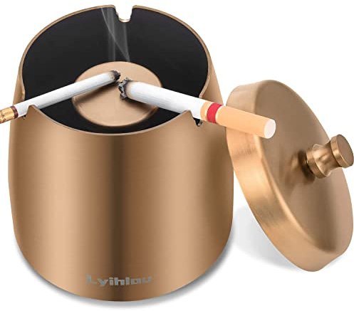 Aschenbecher Edelstahl mit Deckel, Winddichter Tischaschenbecher für Zigaretten, Moderne Windaschenbecher tragbar mit rutschfestem Basis für Draußen und Innen (Rose golden)