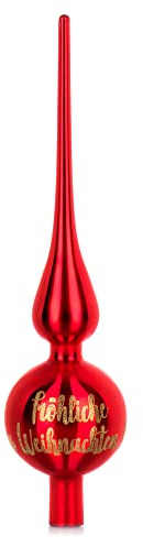 com-four® Weihnachtsbaumspitze mit Schriftzug - Christbaumspitze aus echtem Glas für Weihnachten - Tannenbaumspitze für den Christbaum (28cm - Merry Red Glanz)