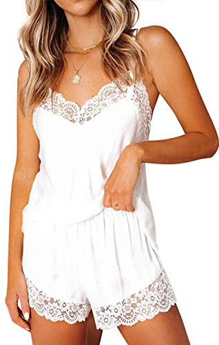 Chyrii - Conjunto de pijama sexy de satén para mujer, lencería de seda con ribete de encaje, camisola y pantalones cortos