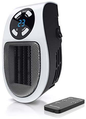 Brandson - Mini chauffage soufflant céramique 500W - Mini radiateur soufflant avec télécommande - Minuterie 1 à 12h - Thermostat 15° à 30° - fiche électrique pivotante à 90° - salle de bain, bureau