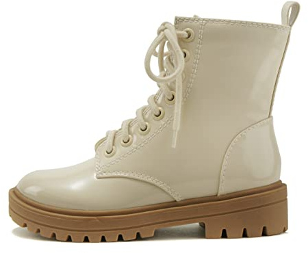 Soda FIRM - Lug Sole Combat Ankle Bootie Lace up w/Side Zipper (8.5, BONE PATENT, numeric_8_point_5)