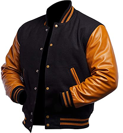 Blouson d'aviateur universitaire pour homme - Coupe ajustée - Style américain - En laine et cuir synthétique